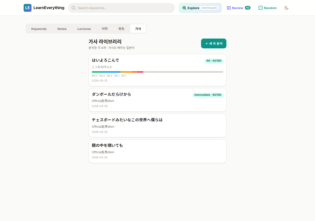 분석한 곡과 난이도·JLPT 분포를 보여주는 가사 라이브러리